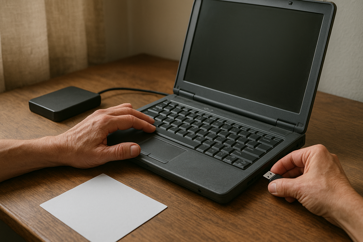 Laptop displaying the ChromeOS Flex installation screen beside a bootable USB drive