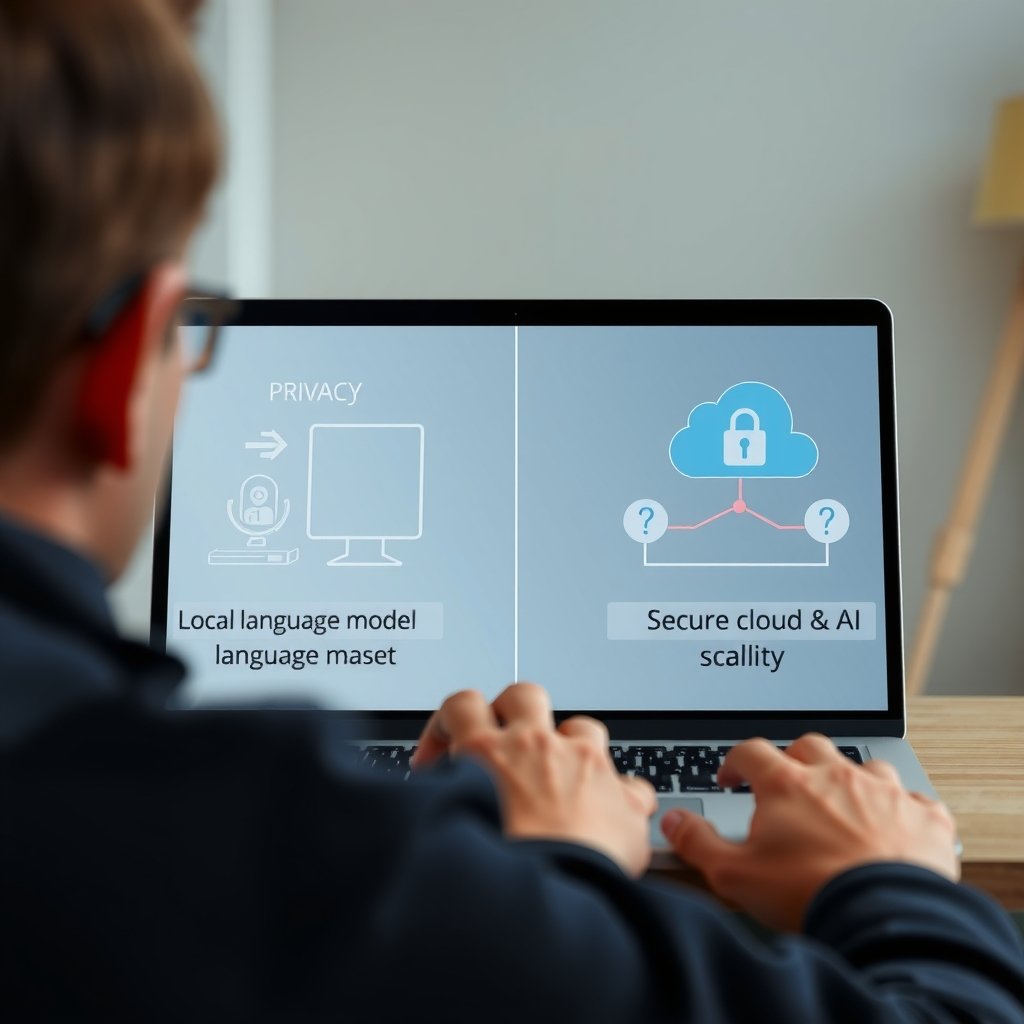 local AI vs cloud AI - Split-screen illustration showing a developer laptop running a local language model on one side a