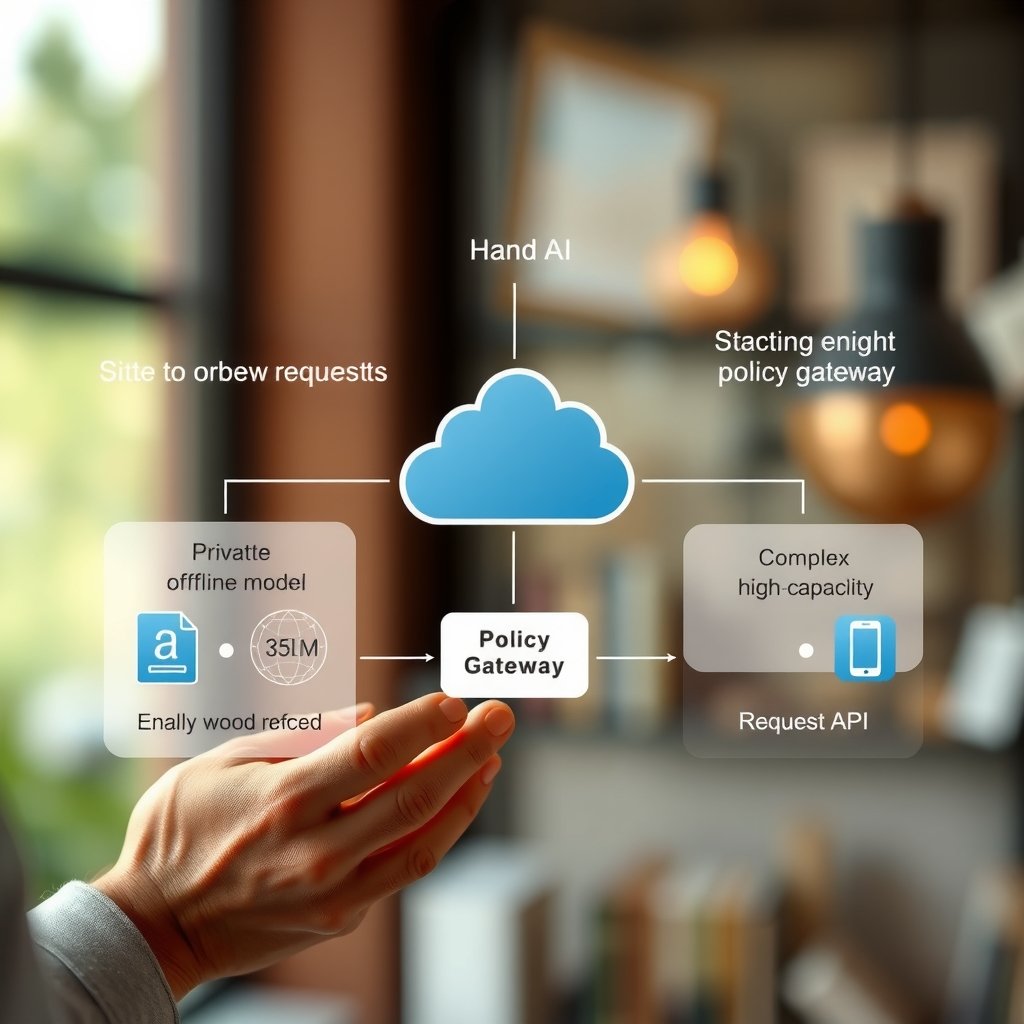 local AI vs cloud AI - Architecture diagram showing a hybrid AI application routing private offline requests to an on-de