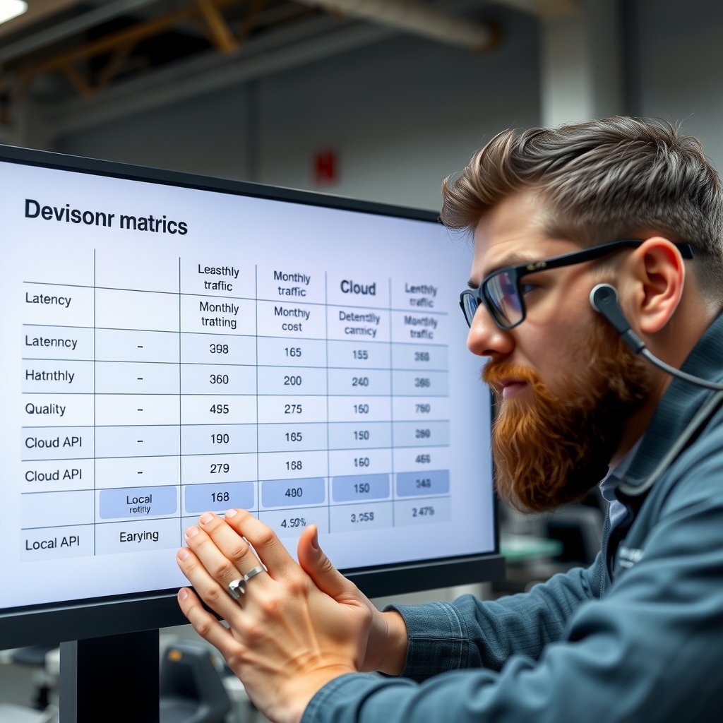 local AI vs cloud AI - Developer reviewing a decision matrix on screen with columns for data sensitivity, latency, month