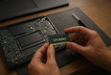 LPCAMM2 RAM module beside an open laptop motherboard