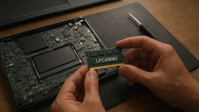LPCAMM2 RAM module beside an open laptop motherboard