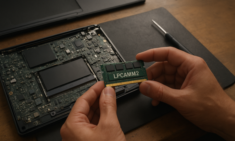 LPCAMM2 RAM module beside an open laptop motherboard