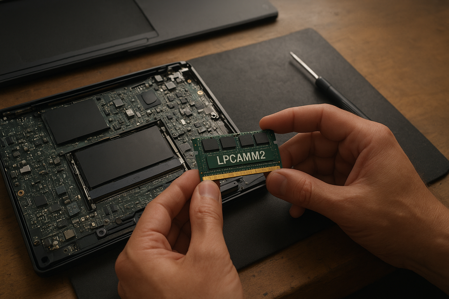 LPCAMM2 RAM module beside an open laptop motherboard