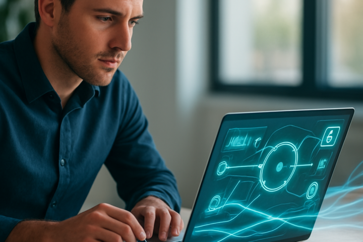 Marketer reviewing interconnected automated campaigns on a laptop in a modern workspace