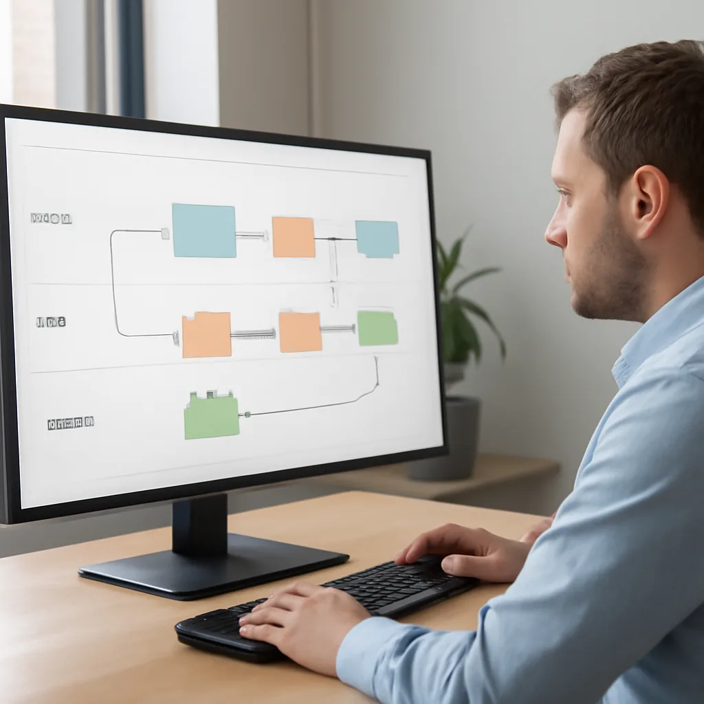 a marketing operations manager viewing a live customer journey map across email, CRM and support channels on a large off