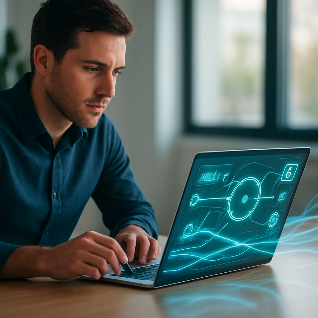 Marketer reviewing interconnected automated campaigns on a laptop in a modern workspace