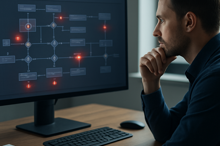 Marketing professional reviewing an automation workflow with warning indicators on a computer screen