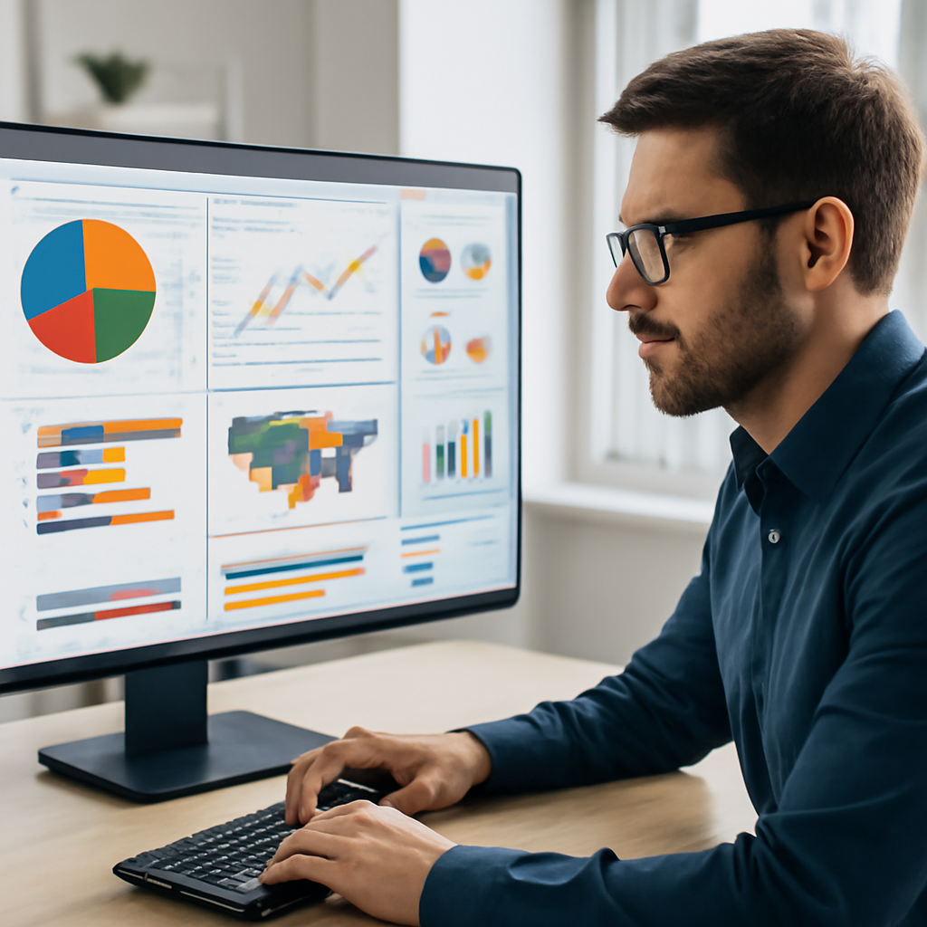 a marketing operations specialist reviewing a colourful customer-data dashboard on a large monitor in a bright modern of