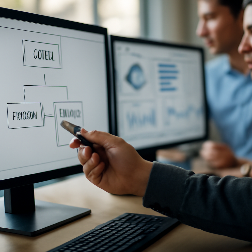 a close-up of an operations team mapping CRM, email and analytics integrations across several glowing screens