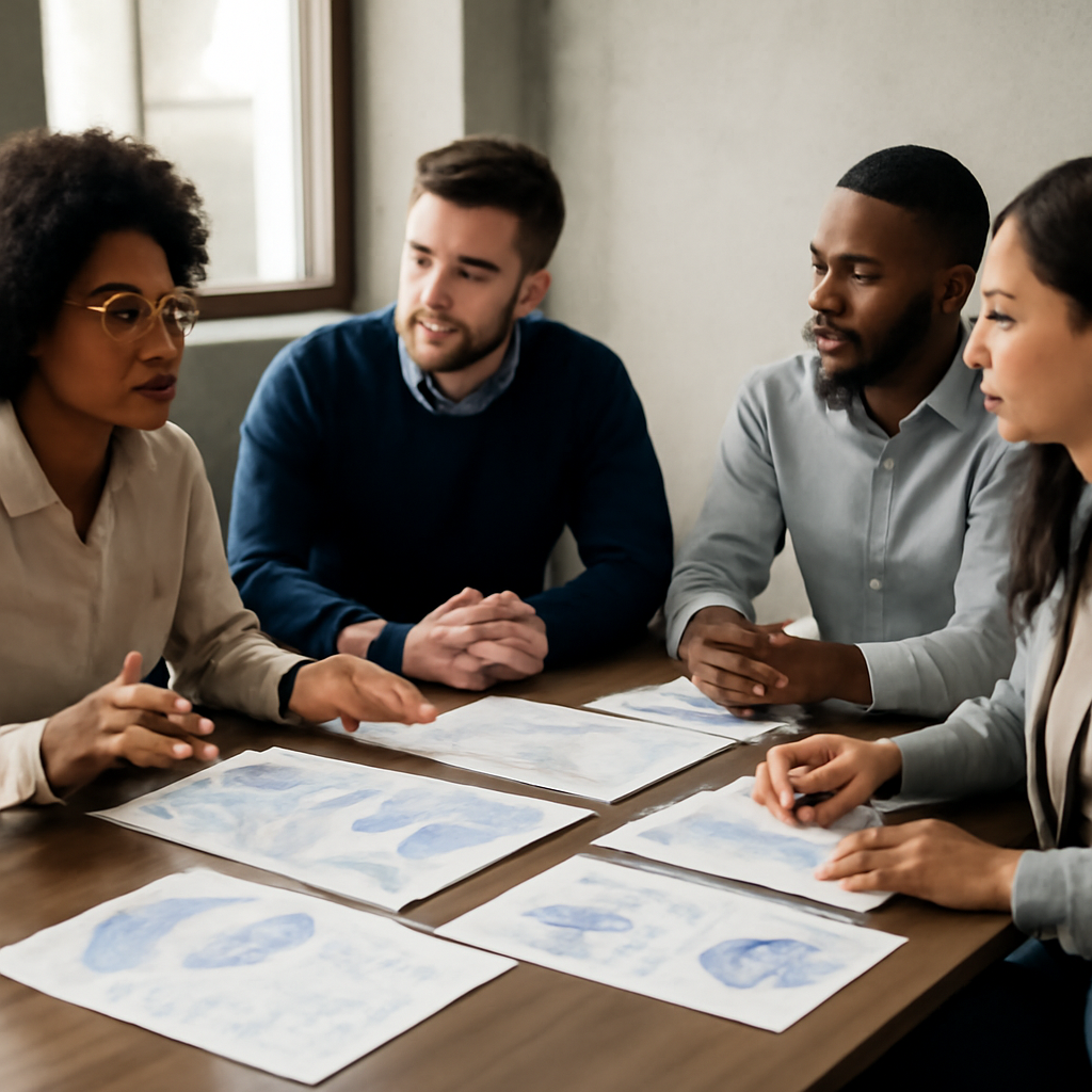 a diverse marketing team discussing campaign results around a conference table with printed journey maps and analytics c