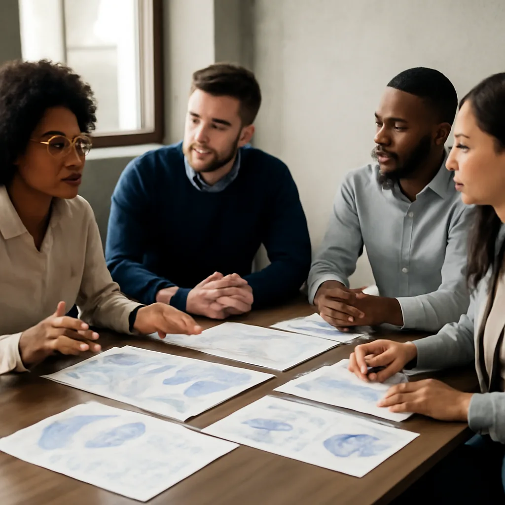 a diverse marketing team discussing campaign results around a conference table with printed journey maps and analytics c