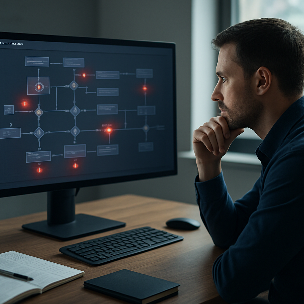Marketing professional reviewing an automation workflow with warning indicators on a computer screen