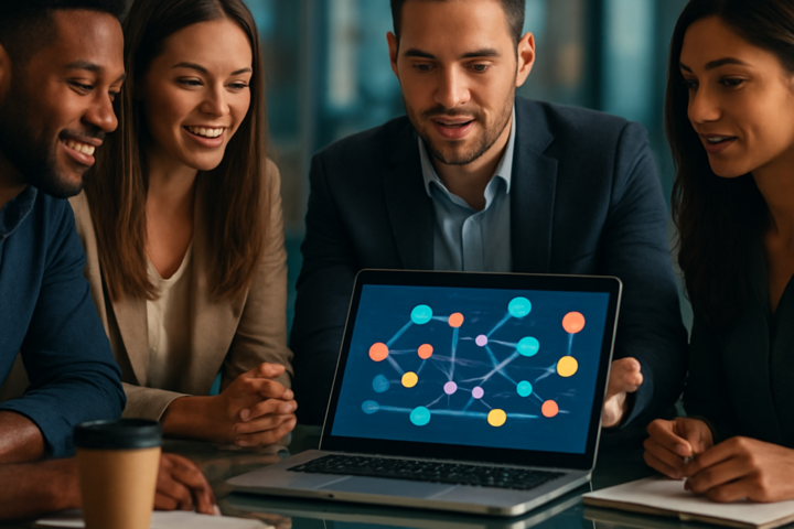 Marketing team planning automated customer journeys on a digital dashboard