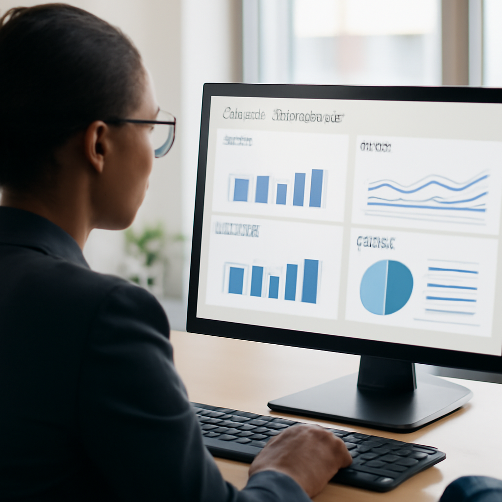 a marketing manager viewing a unified customer data dashboard with email, CRM, website, and analytics panels