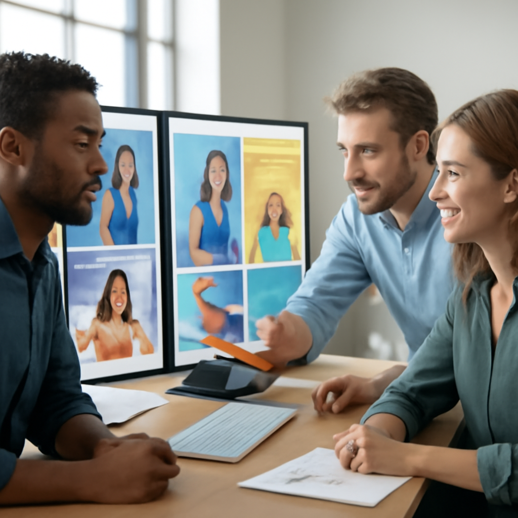 a diverse marketing team reviewing AI-generated campaign variations on large monitors in a bright office