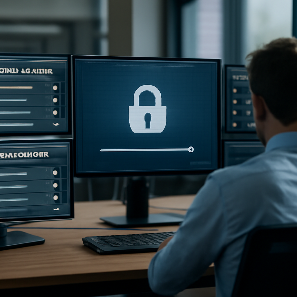 a secure operations center showing consent settings, workflow alerts, and privacy controls on multiple screens