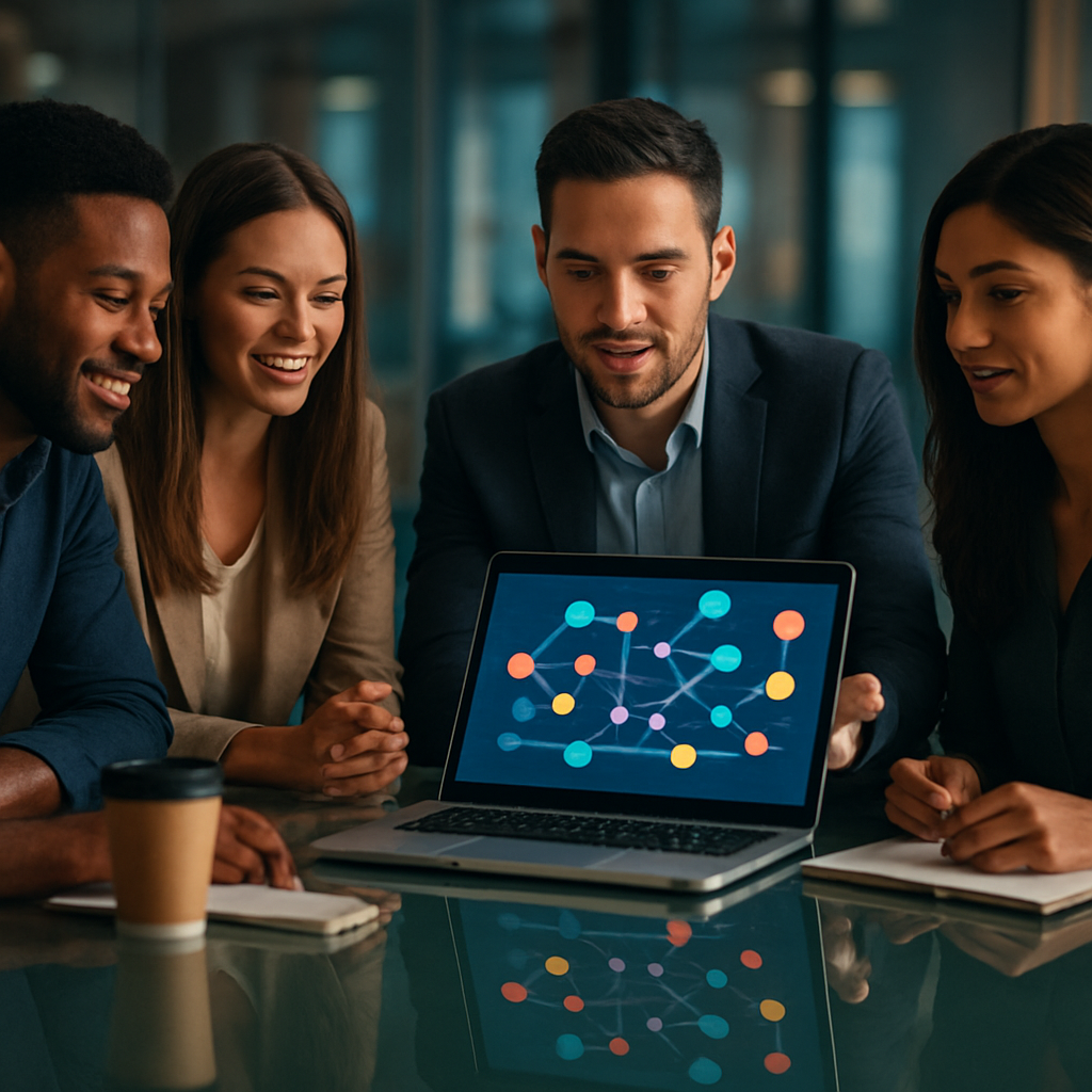 Marketing team planning automated customer journeys on a digital dashboard