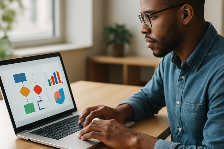 Marketing professional reviewing automated campaign workflows on a laptop in a modern office