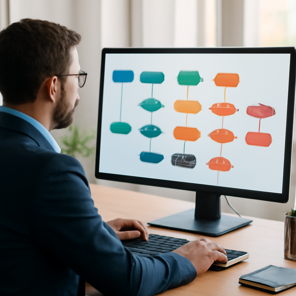 a marketing manager viewing colourful customer journey automation branches on a large monitor in a bright office