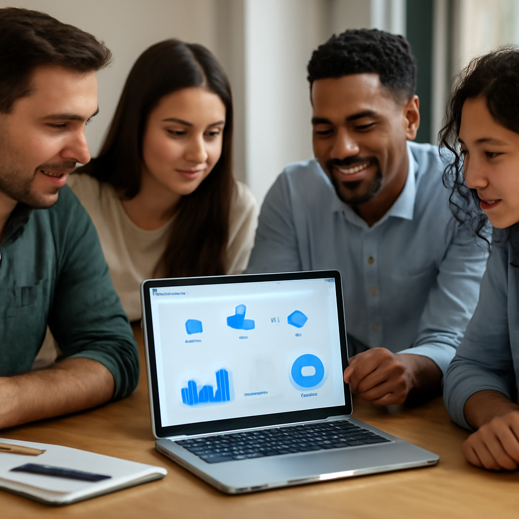 a small growth team collaborating around a laptop showing an email automation workflow, analytics charts, and audience s