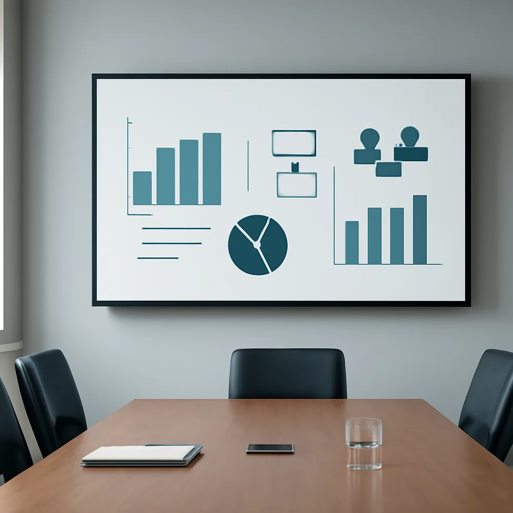 a clean conference room presentation comparing marketing platforms on a wall display with charts, workflow diagrams, and
