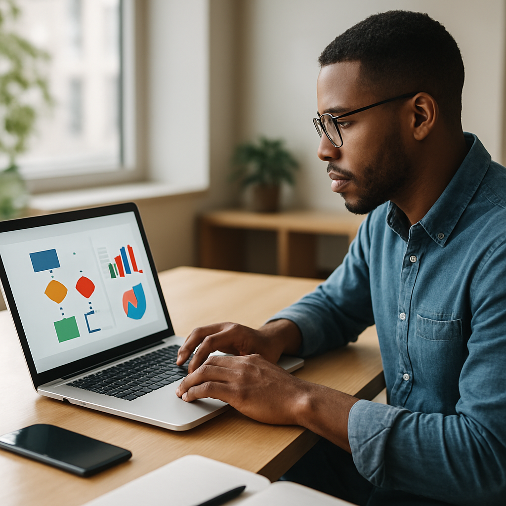 Marketing professional reviewing automated campaign workflows on a laptop in a modern office