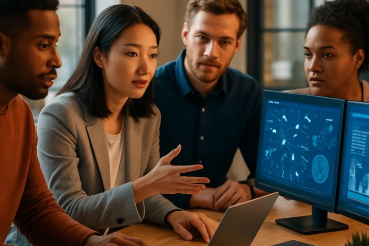 Marketing team reviewing automated customer journey workflows on multiple screens