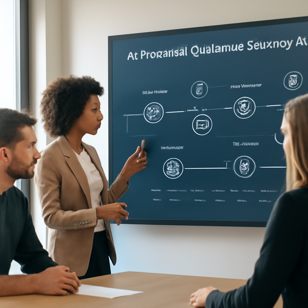a marketing team reviewing an AI-powered customer journey map on a large wall display