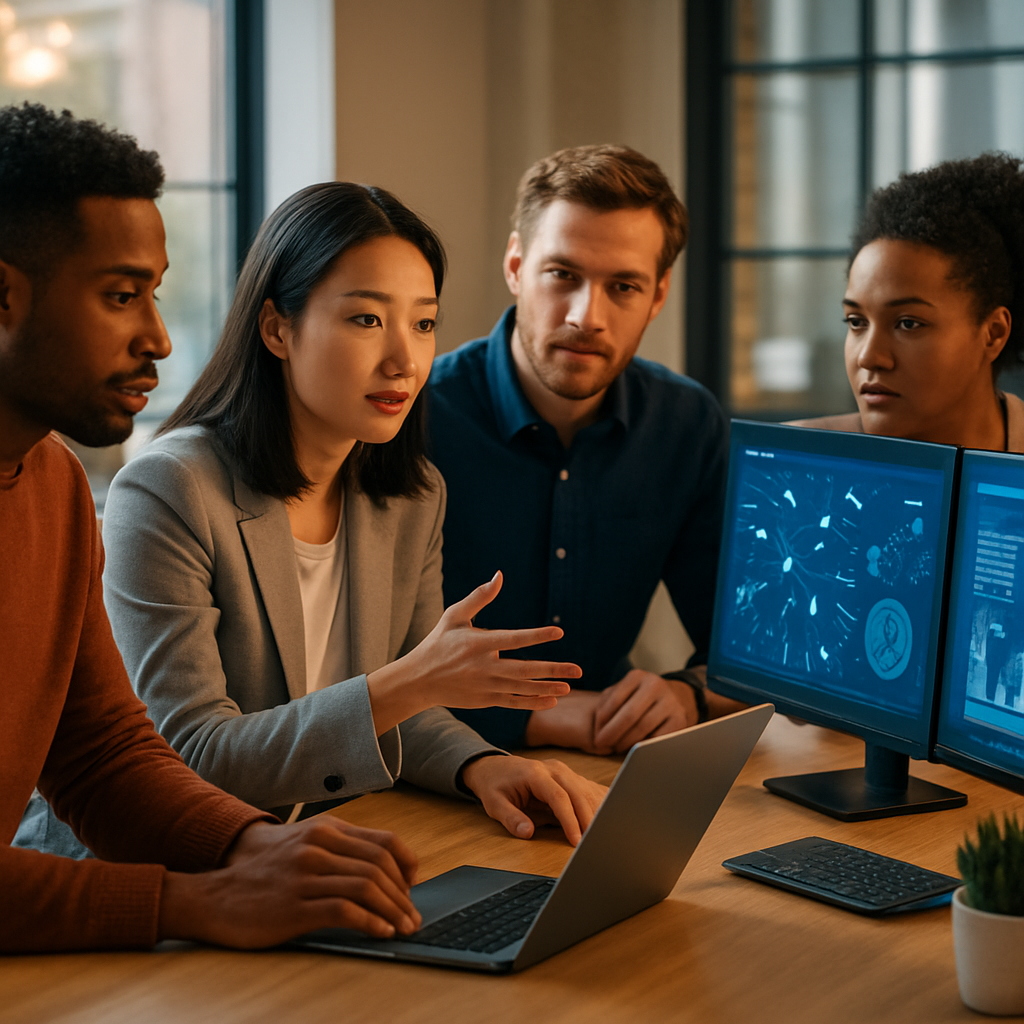 Marketing team reviewing automated customer journey workflows on multiple screens