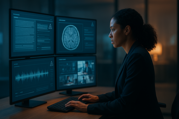 Professional reviewing multimodal AI outputs across text, image, audio, and video interfaces