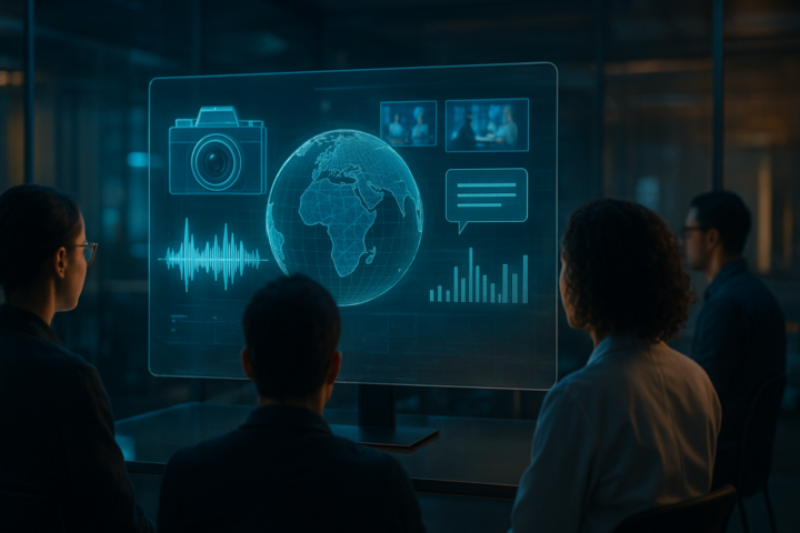 Futuristic multimodal AI system interpreting images, sound waves, video frames, and text in a modern research environment