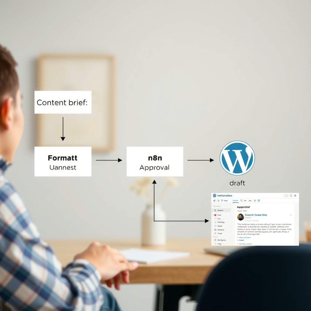 n8n WordPress automation - A flow diagram showing a content brief entering an n8n trigger, passing through formatting an