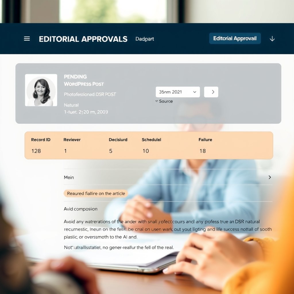 n8n WordPress automation - An editorial approval dashboard with a pending WordPress post, source record ID, reviewer dec