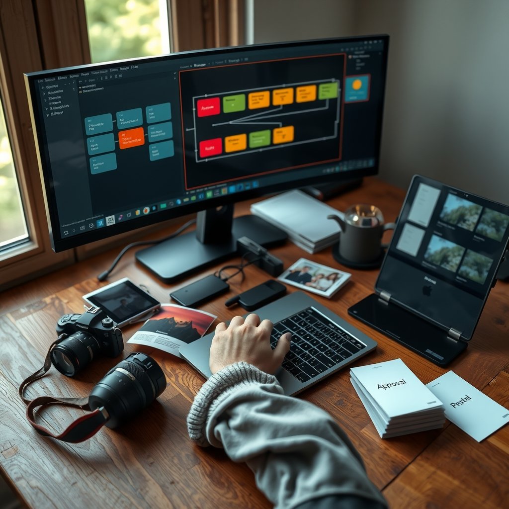 n8n WordPress automation workflow connecting a content editor, n8n nodes, and a WordPress publishing dashboard