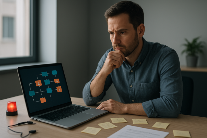 Professional reviewing a no-code automation workflow on a laptop in a modern office