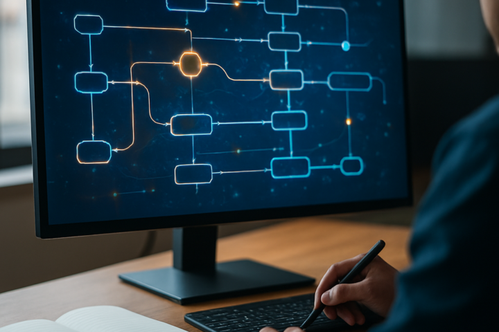 Photorealistic workspace showing a professional designing interconnected no-code automation workflows on a large monitor