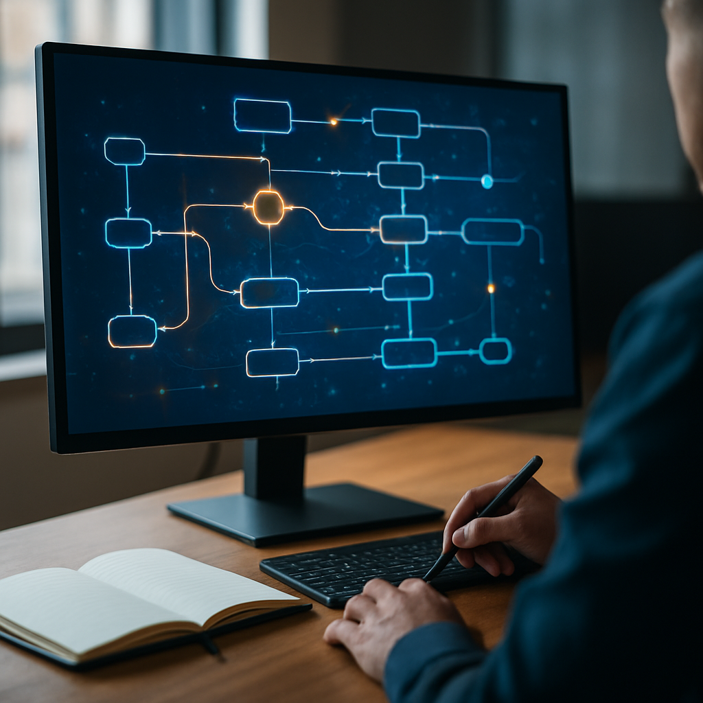 Photorealistic workspace showing a professional designing interconnected no-code automation workflows on a large monitor