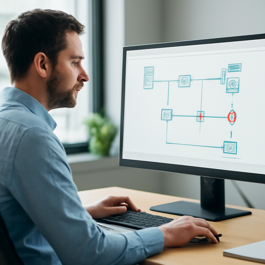 a photorealistic office worker designing an AI workflow on a large monitor, with connected apps and approval steps visib