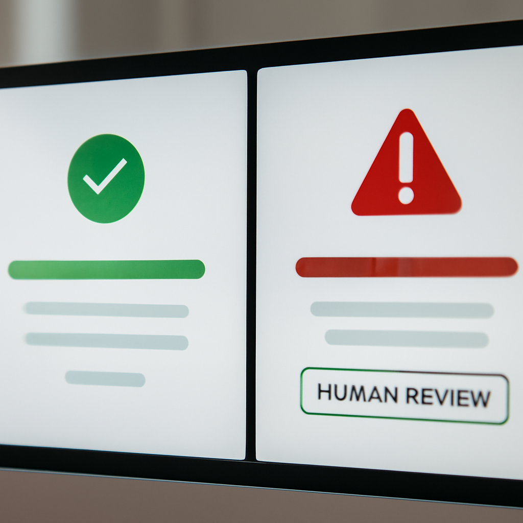 a split-screen photorealistic scene showing a smooth automated approval dashboard beside an alert panel with a failed wo