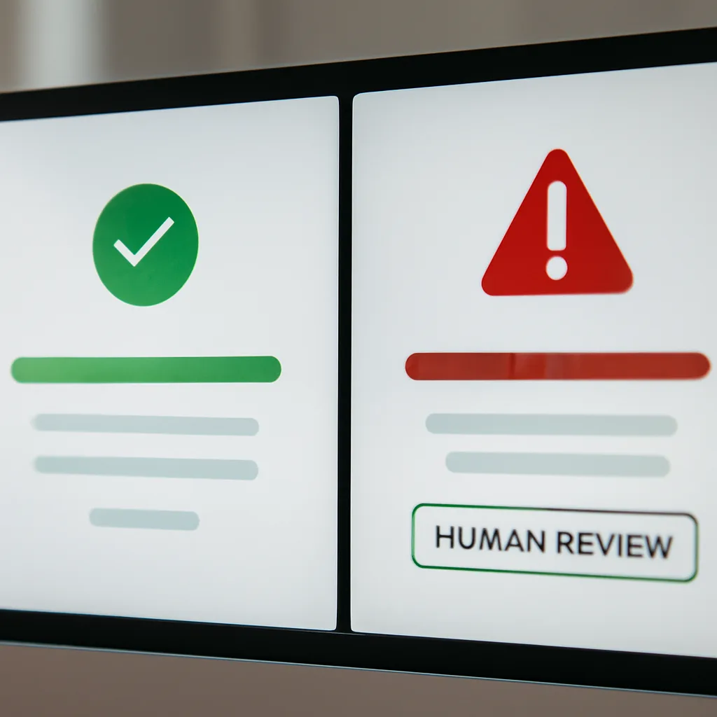 a split-screen photorealistic scene showing a smooth automated approval dashboard beside an alert panel with a failed wo