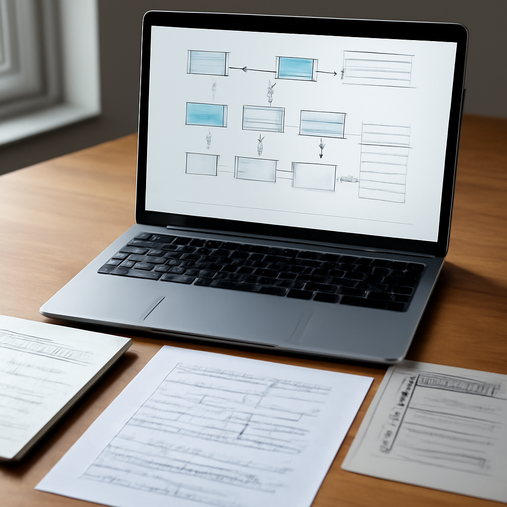 a photorealistic editorial technology desk with a laptop displaying workflow diagrams, research notes, and a transparent