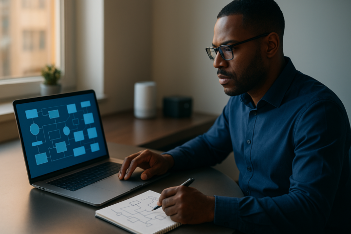 Professional reviewing a no-code automation workflow on a laptop in a bright modern workspace