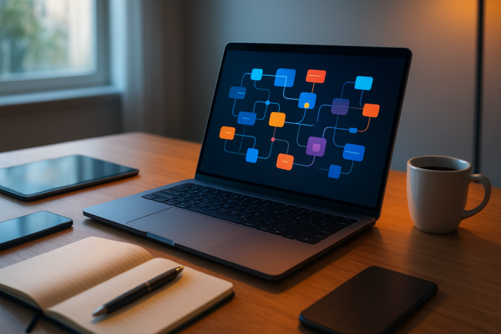 Professional reviewing no-code automation workflows on a laptop in a modern home office