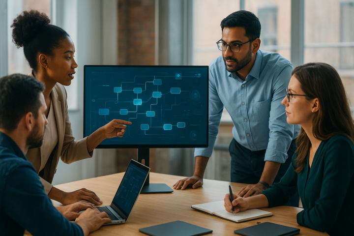 Professional team reviewing no-code automation workflows on a large monitor in a modern office