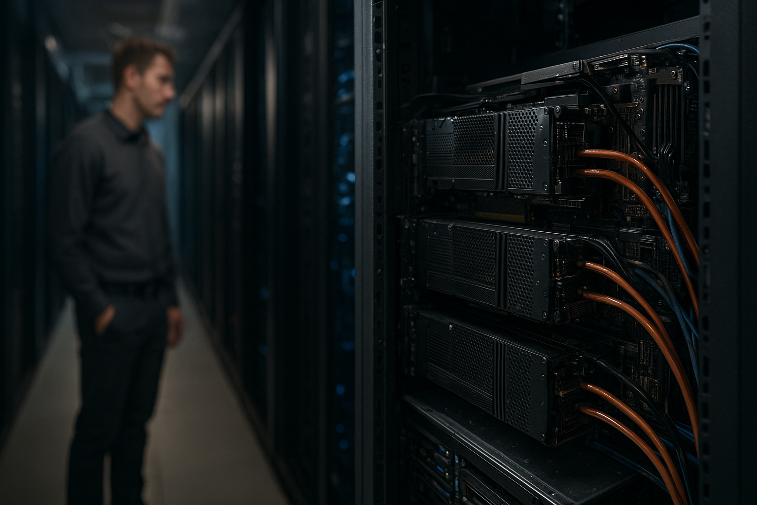 NVIDIA Blackwell architecture visualization showing a GPU chip, Tensor Cores, memory, and high-speed interconnects