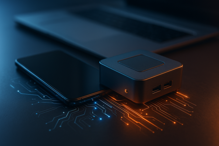 Smartphone and compact edge device processing artificial intelligence locally beside a laptop in a modern technology workspace