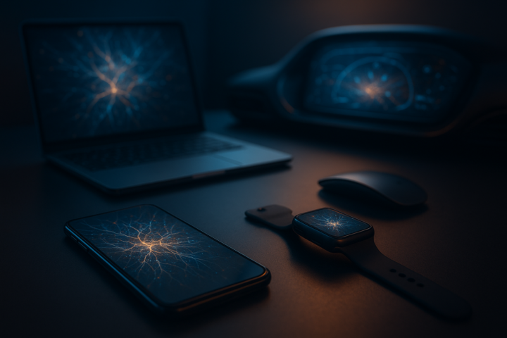 Photorealistic close-up of a smartphone and wearable device processing artificial intelligence locally beside a modern laptop and electric car dashboard