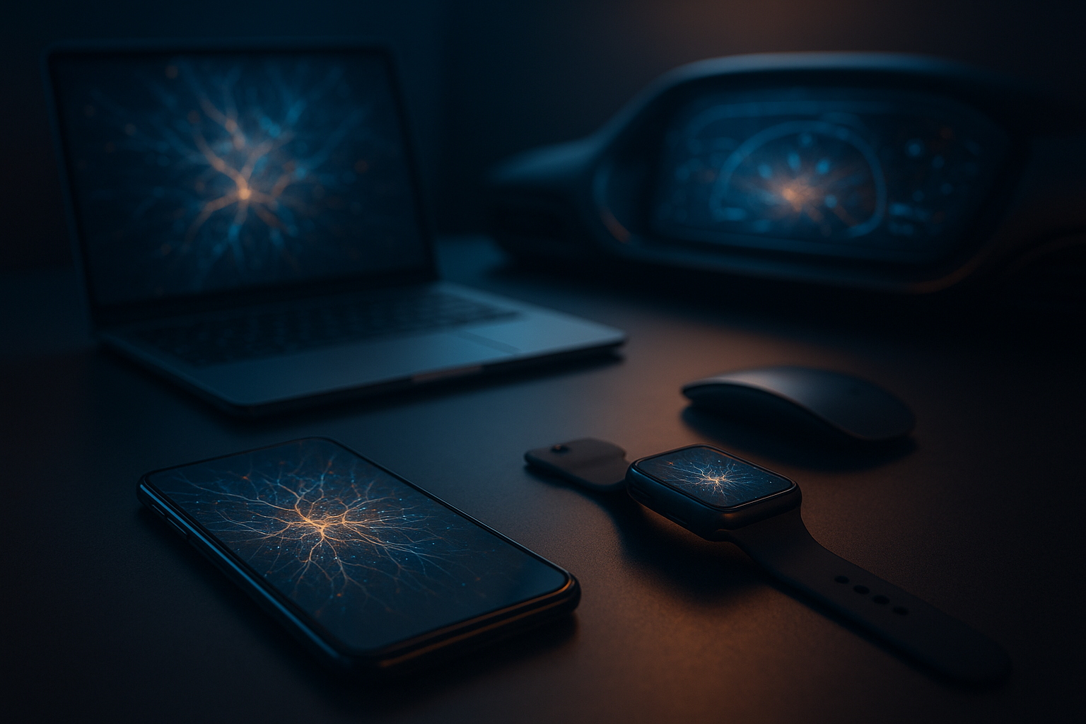 Photorealistic close-up of a smartphone and wearable device processing artificial intelligence locally beside a modern laptop and electric car dashboard