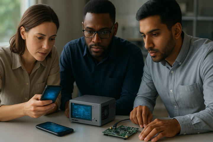 Engineer reviewing an on-device AI system on a modern smartphone and embedded device at a desk
